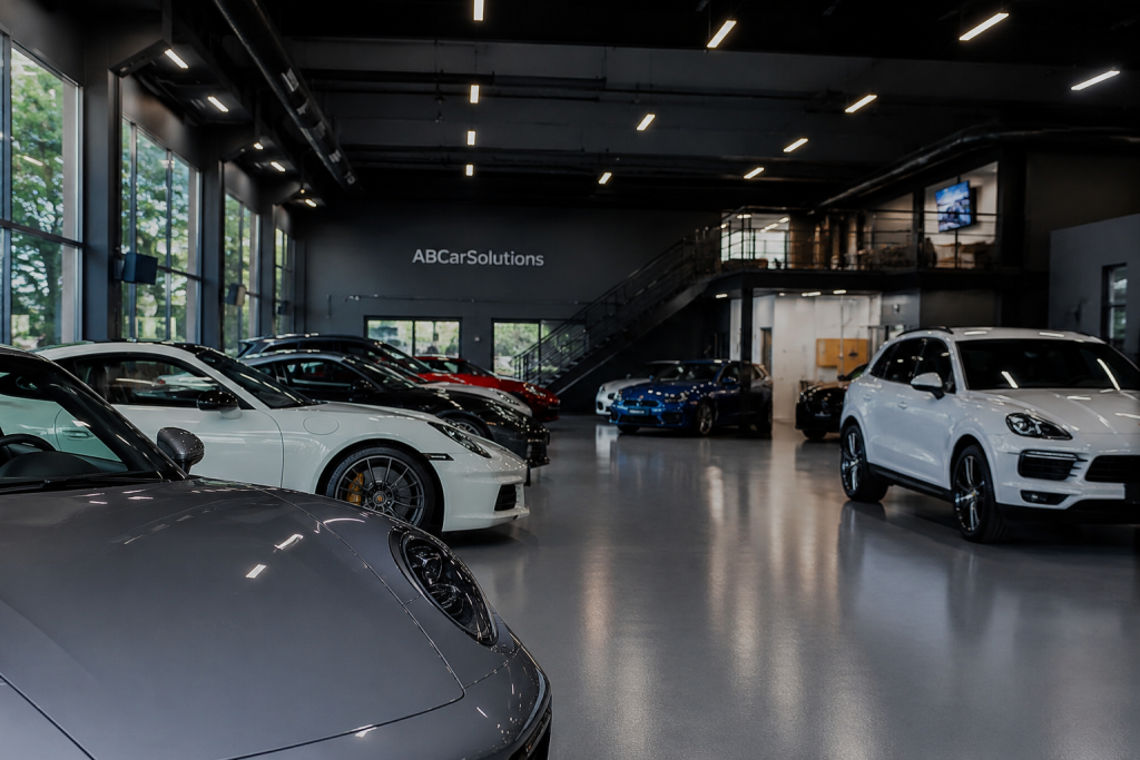 Showroom AB Car Solutions con auto esposte
